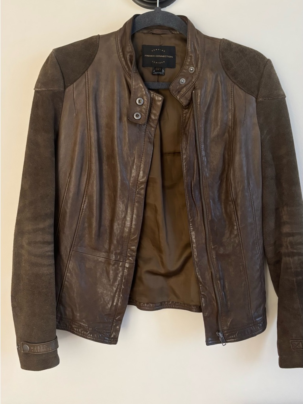 French connection mushroom brown taupe leather jacket